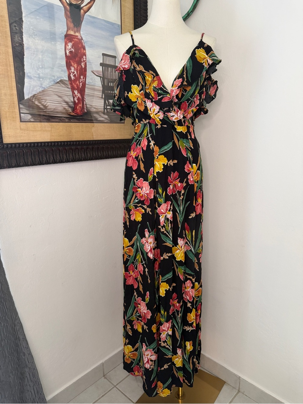 Revolve Privacy Please Black Maxi Dress with Pink & Yellow Floral Print